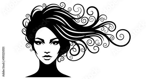 Elegant woman's face with voluminous, stylized curly hair and dark lips, looking forward with an artistic flair on an isolated white background.