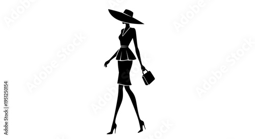 Elegant Woman Silhouette Walking with a Handbag and Hat, Exuding Confidence on Isolated White Background