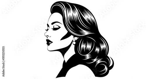 Elegant side profile of a woman's head with beautifully styled wavy hair and a pearl earring, conveying classic beauty on an isolated white background.