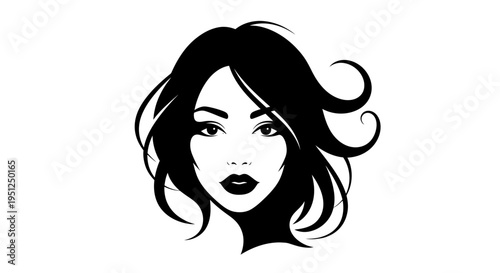 Beautiful woman's face with flowing wavy hair, striking eyes, and full lips, looking forward confidently on an isolated white background.