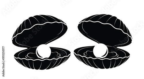 A graphic illustration showcases two black seashells each containing a single luminous white pearl inside high quality professional detailed