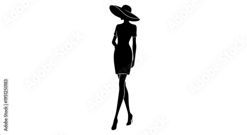 Elegant woman in a stylish hat and short dress, standing gracefully in high heels in a slim silhouette on an isolated white background.