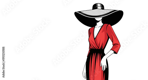 Elegant Woman Wearing a Stylish Wide-Brimmed Hat and Red Dress Posing Fashionably on Isolated White Background