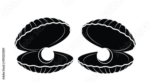 A striking black and white illustration depicts two open seashells showcasing their rounded forms and interior pearls high quality