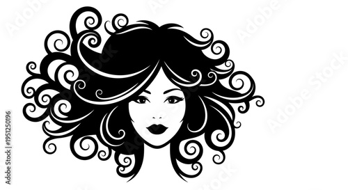 Elegant woman's face with voluminous, stylized curly hair and dark lips, looking forward with a mysterious charm on an isolated white background.