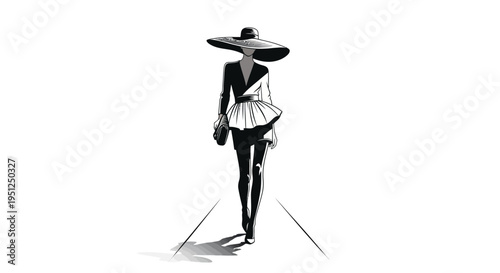 Confident fashion model woman wearing a stylish hat and chic outfit, walking dynamically in a bright studio with abstract ground lines, showcasing modern style