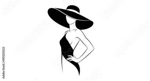 Sophisticated woman in a large wide-brimmed hat and elegant dress, striking a graceful pose on an isolated white background, embodying allure