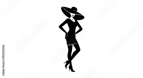 Stylish woman wearing a fashionable hat and short black dress, posing confidently with her hands on her hips on an isolated white background