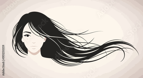 Beautiful woman's head with long dark hair flowing freely in the wind, light beige background.