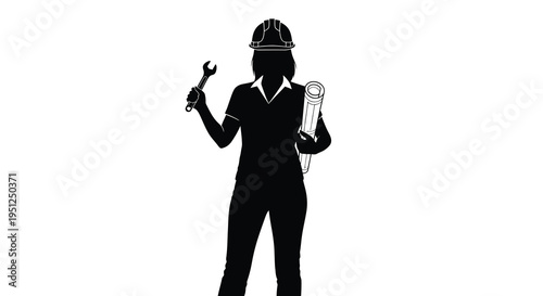 A striking silhouette depicts a female engineer holding tools and blueprints symbolizing construction and technical expertise high quality professional