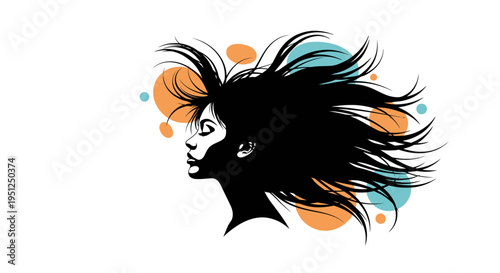 Artistic profile of a woman's head with abstract colorful flowing hair, conveying vibrancy and energy on an isolated white background