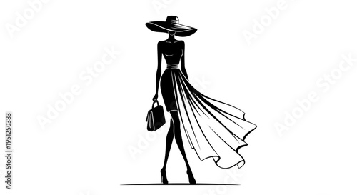 Glamorous woman in a long flowing black dress and wide-brimmed hat, holding a bag, posing elegantly on an isolated white background, showcasing high fashion