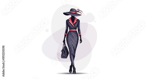 Sophisticated Woman in Wide-Brimmed Hat with Ribbon, Red-Trimmed Dress, and Handbag Walking Gracefully in Bright Studio