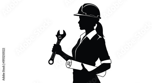 A striking silhouette depicts a female engineer holding a wrench and blueprints symbolizing expertise and innovation high quality professional