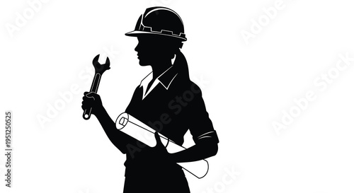 A striking silhouette depicts a female engineer holding a wrench and blueprints symbolizing skilled trades and innovation high quality