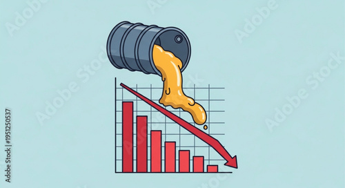 Oil Price Decline - Barrel Pouring onto a Downward Graph.
