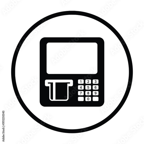 Modern black and white circular symbol featuring a digital payment terminal with keypad and card slot for transactions