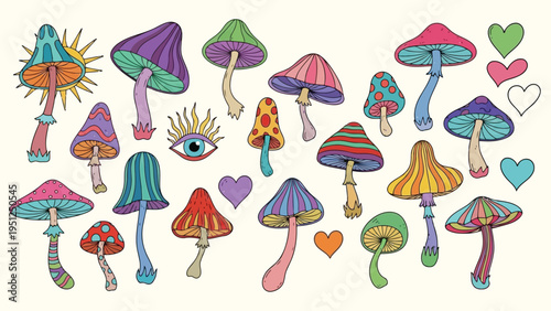 Colorful whimsical mushrooms hearts and a mystical eye illustration on cream background