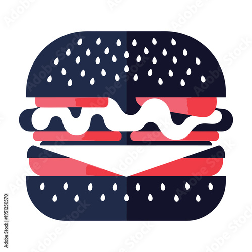 Juicy burger with sesame bun melted cheese fresh tomatoes and crisp lettuce in minimalist flat design style