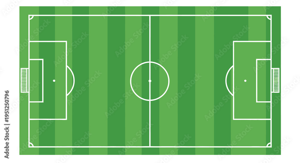 Obraz premium An aerial view depicts a vividly green soccer field with clearly marked lines goals and a center circle