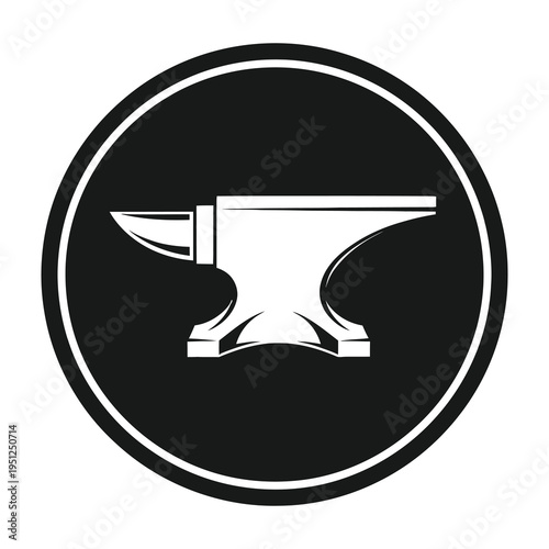 Silver anvil symbol centered on black circle with white border isolated on transparent background