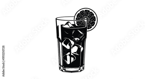 A striking black and white illustration depicts a tall glass filled with ice and a citrus slice high quality