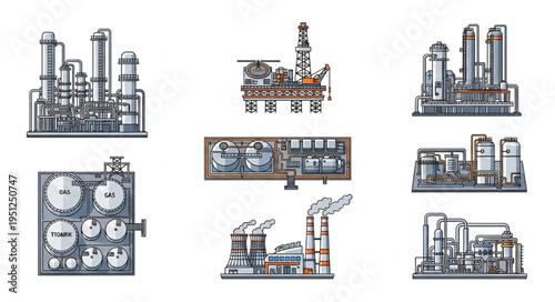 Illustrations of Industrial Plants and Facilities in Various Styles.