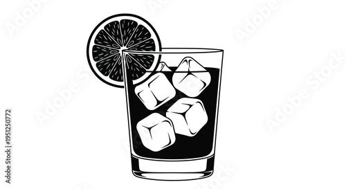 A black and white illustration depicts a glass filled with dark liquid ice cubes and a citrus slice