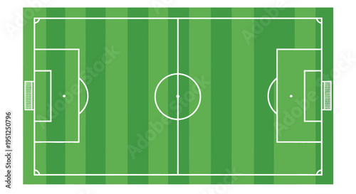 An aerial view depicts a vividly green soccer field with clearly marked lines goals and a center circle