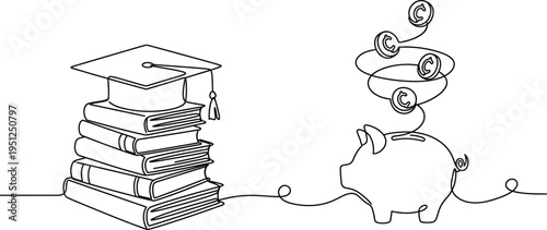 Single one line drawing pile of thick books topped with graduation cap and piggy bank filled with coins. Preparing education savings. College Savings Day. Continuous line design graphic illustration