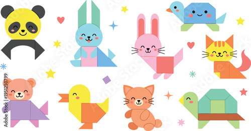 Cute Tangram Animal Characters Set with Panda, Bunny, Cat, Turtle, Duck, Bear and Fox, Colorful Geometric Puzzle Illustrations for Kids Learning and Play