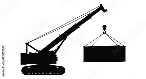 A stark black silhouette depicts a large construction crane lifting a rectangular container or load high quality professional detailed