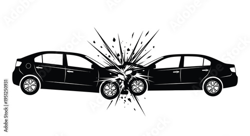 A dramatic black and white illustration depicts a head on collision between two modern sedan automobiles showing impact high quality professional detailed