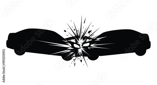 A stark black and white illustration depicts two cars colliding head on creating a dramatic explosion of splintered energy high quality professional