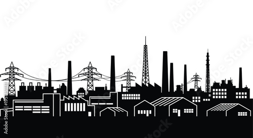 A stark black and white illustration depicts an industrial cityscape with power lines smokestacks and buildings high quality professional