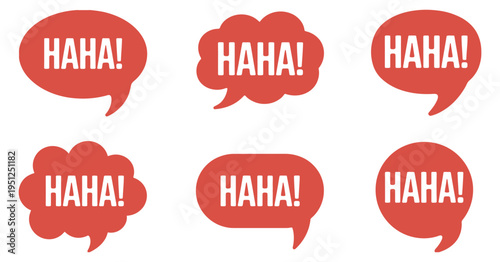 Red haha comic speech bubble, pop art style vector, isolated on white, depicting laughter, funny chat, humor, jokes, social messages, and playful conversation icons.
