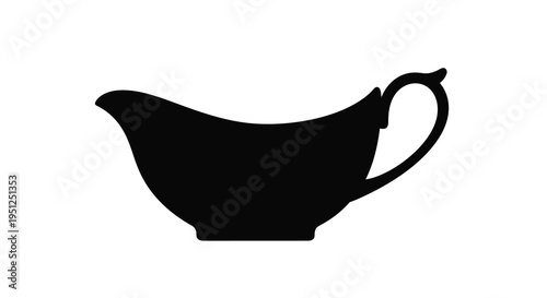 A minimalist black silhouette depicts a traditional gravy boat with a curved spout and handle isolated on white