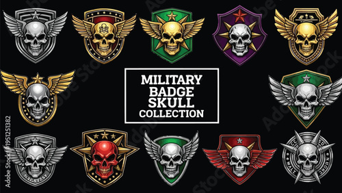 A collection of military skull badges with wings and varied color schemes