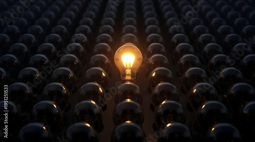 Glowing lightbulb standing out in a dark crowd of extinguished bulbs