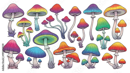 A colorful collection of whimsical cartoon mushrooms in various sizes and shapes