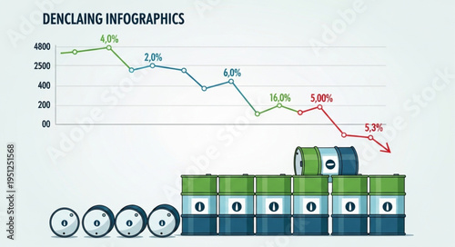 Declining Oil Prices Infographic with Barrels and Percentage Drops.