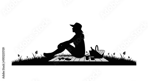 Woman sitting on picnic blanket outdoors.