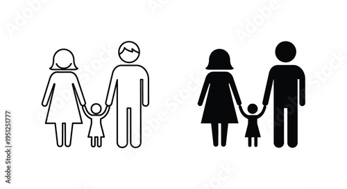 This image depicts two monochrome family icons showcasing a mother father and child holding hands together high quality professional