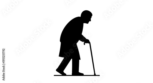 Elderly Man Walking with Cane Silhouette.