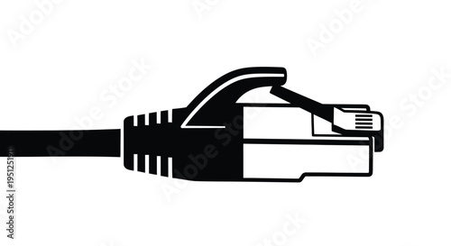 A detailed black and white illustration depicts an ethernet cable connector showcasing its plastic housing and metal contacts high quality professional