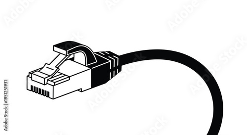 A black and white illustration depicts a single rj45 ethernet cable connector showcasing its metallic clip and plastic housing