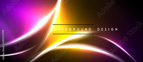 Abstract vibrant lines create dynamic flow. Purple, orange, yellow hues blend into dark background. Modern design element.