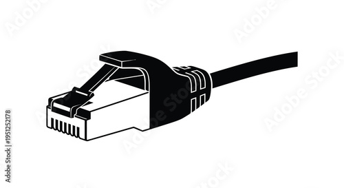 A stark black and white illustration depicts a rj45 ethernet cable connector showcasing its metallic clip and plastic housing high quality