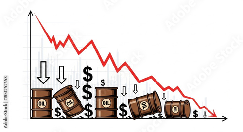 Oil Price Decline - Barrels and a Falling Red Line Graph.