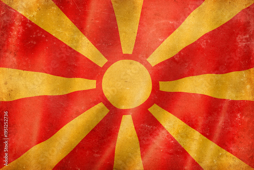Φωτογραφία Old vintage flag of North Macedonia, worn and stained